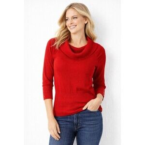 Red Ribbed Knit Sweater Top Cowl Neck 3/4 Sleeve Button Detail M